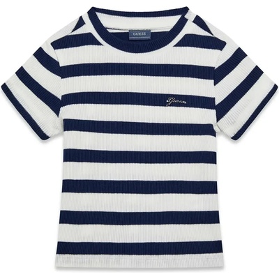 GUESS Раирана тениска рипс за мини момиче в бяло и тъмно синьо Guess