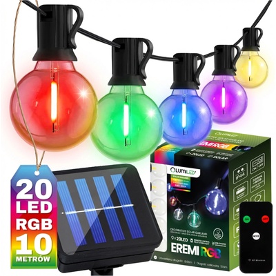 LUMILED rozprávkové svetlá vonkajšie 20x LED RGB 10,5 M solárna svetelná reťaz pre záhradu solárna reťaz svetlo vonkajšie svetlo záhradné svetlo KUGEL IP44 žiarovky viacfarebná zmena f