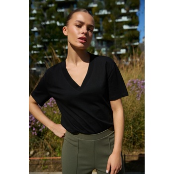 Moodo Памучна блуза с V деколте черна Moodo Moodo | Cheren | ЖЕНИ | XS