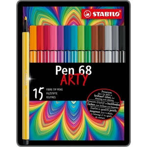 STABILO Комплект флумастери, Stabilo, Pen 68 Arty, метална кутия, 15 цвята (ST6815-6)