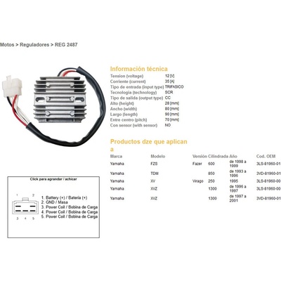 DZE regulátor napětí YAMAHA FZS 600 FAZER 98-99; TDM 850 93-96; XVZ 1300 96-01 (35A) (ESR360)