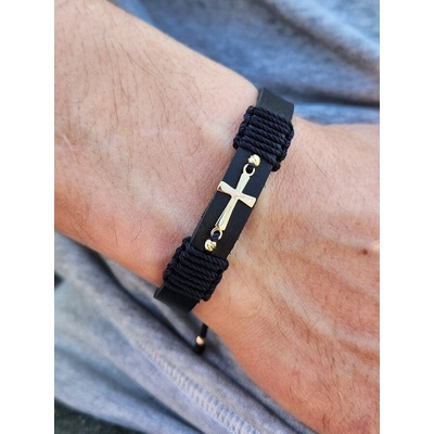 Мъжка кожена гривна със златен кръст и топчета