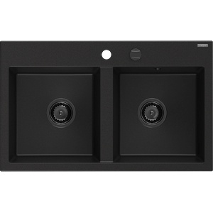 Mexen Hektor двукамерна гранитна мивка 800 x 480 mm, черна, черен сифон - 6521802000-77-B (6521802000-77-B) Мивка за вграждане