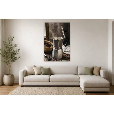 Obraz na plátně – Moka konvička s kávovými zrny 90 × 135 cm