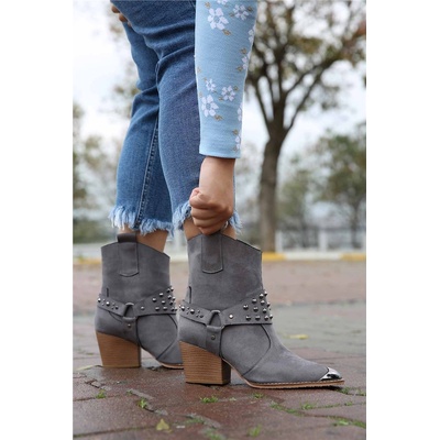 Moda Trend Дамски боти от велур - Сиви #298966 (298966_Сив)