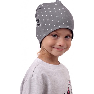 Detská obojstranná bavlnená čiapka čierna / šedá s bodkami