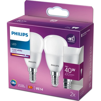Philips 2x LED kulová žárovka E14 P45 4,9W = 40W 470 lm 4000K denní bílá
