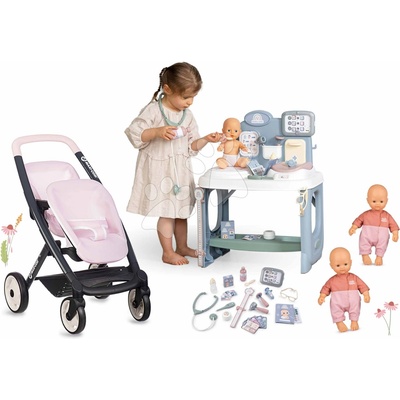 Smoby Set pre dvojičky bábiky u lekára Twin Pushchair Pink Maxi Cosi&Quinny a opatrovateľské centrum elektronické