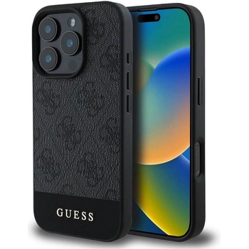 GUESS Калъф за Apple iPhone 16 Pro Max, хибриден (термополиуретан и полиуретан), Guess PU 4G Stripe Leather Hard Case, удароустойчив, сив (GUHCP16XG4GLGR)