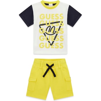Guess Трицветна тениска с жълти надписи Guess и жълти къси панталони за бебе момче