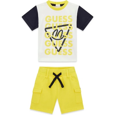 Guess Трицветна тениска с жълти надписи Guess и жълти къси панталони за бебе момче
