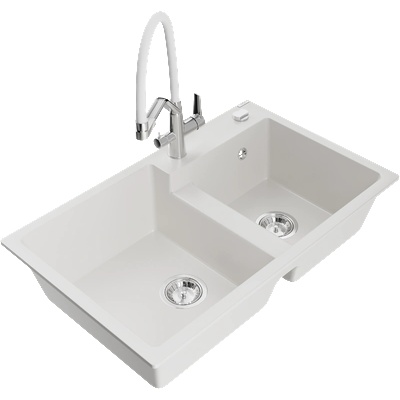 Mexen Tomas кухненска мивка гранитна 2-камерна с кухненски смесител Duo, бял - 6516-20-671701-02 (6516-20-671701-02)