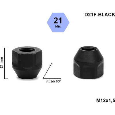 Kolová matice M12x1,5 kužel otevřená, černá, klíč 21, D21F-BLACK, výška 21mm