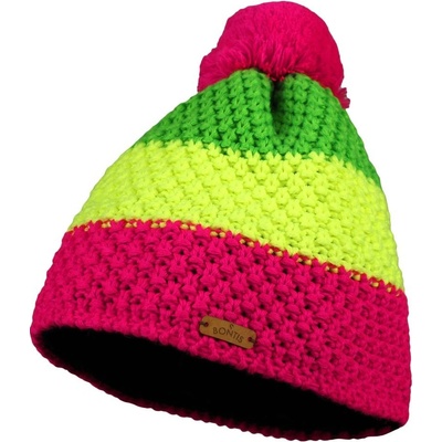 Bontis Trojbarevná pletená zimní čepice s bambulí Neonově růžová žlutá zelená