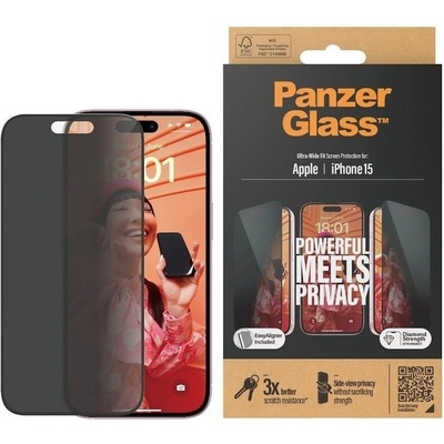 PanzerGlass Tvrdené sklo UWF Privacy s aplikátorom pre iPhone 15 P2809