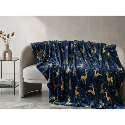 Textilomanie Vianočná mikroplyšová deka GOLDEN DEER tmavomodrá 150x200