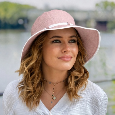 Krumlovanka Lněný letní dámský klobouk Bardotka Me-Ba starorůžový