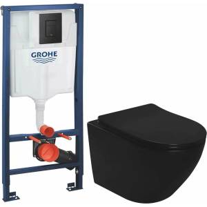 GROHE Комплект за окачена тоалетна чиния Rea Carlo, капак с плавно затваряне, казанче Grohe Rapid SL и матово черен бутон за активиране Grohe Even (5902557355921+38811KF0)