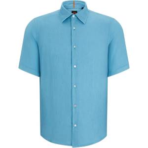 HUGO BOSS Риза с къс ръкав Boss Men's HBO Rash 2 Lin Short Sleeve Relaxed Fit Shirt - Open Blue 486