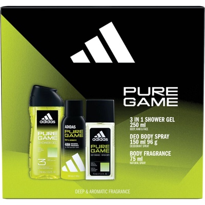 Adidas Pure Game natural sprej 75 ml + sprchový gél 250 ml + deospray 150 ml darčeková sada