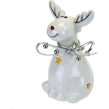 DOMMIO Vianočná dekorácia keramický sob s LED osvetlením a mašličkou 11,5 cm