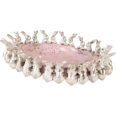Clayre & Eef Béžovo růžová plastová dekorativní miska králíci 26 x 19 x 7 cm