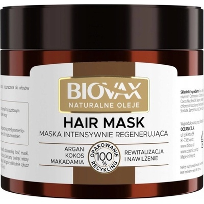 L'biotica Biovax Natural Oil revitalizačná maska pre dokonalý vzhľad vlasov Argan, Makadamia, Kokos(Paraben & SLS Free) 250 ml