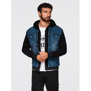 Ombre Clothing Мъжко дънково яке с плетени ръкави и качулка - синьо и черно V2 OM-JADJ-0220 Ombre Clothing Ombre Clothing | Sin | МЪЖЕ | L