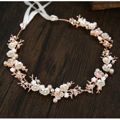 Naishide Jewelry Čelenka do vlasů s květy a perličkami - Zlatavá růžová