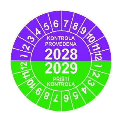 Grafiko | Kontrolní kolečko typ 25 - 2028/2029 fialová/zelená - Materiál fólie s ochrannou laminací, Rozměr aršík 30ks ⌀ 25mm