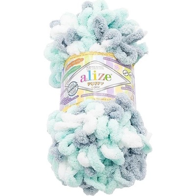 Vlnika Puffy color 100 g, 6408 bílá, šedá, mint – Zboží Mobilmania