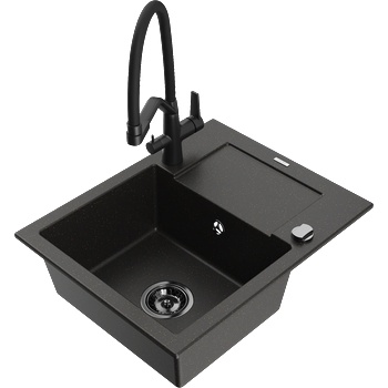 Mexen Enzo гранитна кухненска мивка с 1 корито с отцедник и кухненски смесител Duo, черен/златен металик - 6506-75-671701-70-B (6506-75-671701-70-B)