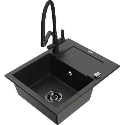 Mexen Enzo гранитна кухненска мивка с 1 корито с отцедник и кухненски смесител Duo, черен/златен металик - 6506-75-671701-70-B (6506-75-671701-70-B)