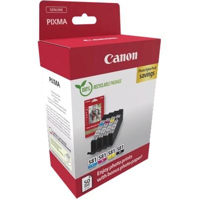 Canon CLI-581 BK/C/M/Y Ink Cartridge + Photo Paper Value Pack (2106C006AA)