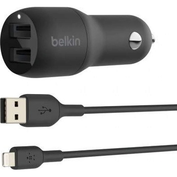 Belkin Boost Charge Dual USB-A Car Charger & USB Lightning Cable - зарядно за кола с 2xUSB изходa (4.8A) и Lightning кабел за iPhone, iPad и iPod с Lightning порт (черен)