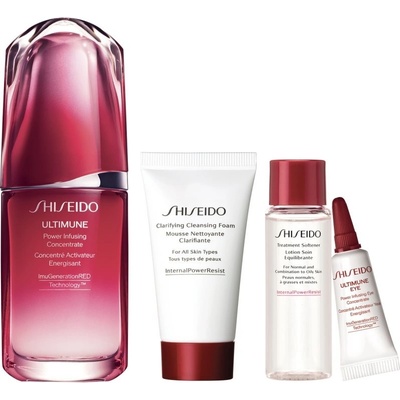 Shiseido Ultimune energizujúci a ochranný koncentrát na tvár 50 ml + čistiaca pena 30 ml + pleťová voda 30 ml + protivráskové sérum na očné okolie 3 ml