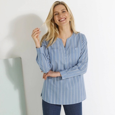 Prúžkovaná tunika s tuniským výstrihom modrá džínsová biela