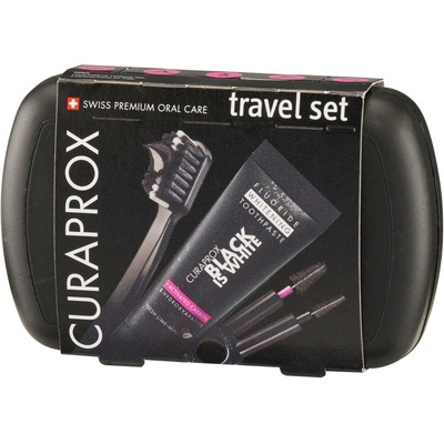CURAPROX Travel set Black Is White zubná kefka, 2x medzizubná kefka stromčeková, zubná pasta 10 ml,