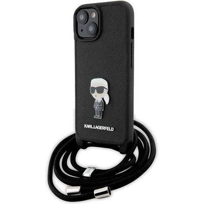 KARL LAGERFELD Кейс Karl Lagerfeld Crossbody Saffiano Monogram Metal Pin Karl & Choupette за iPhone 15, черен (KF001759-0)