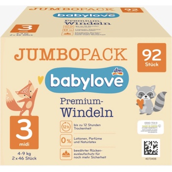 babylove Premium aktiv 3 midi 4-9 kg 92 ks