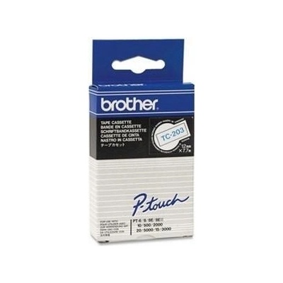 Brother TC-203, 12mm x 7,7m, modrá tlač / biely podklad, originálna páska