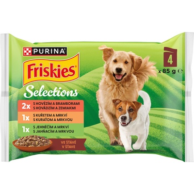 Friskies Adult hovadzie a zemiaky kura a mrkva jahňa a mrkva šťava 4 x 85 g