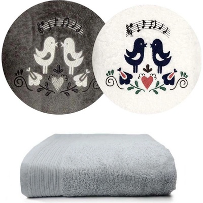 Zelenáčky ručník s výšivkou ptáčci a noty bavlna 50 x 100 cm světle šedá