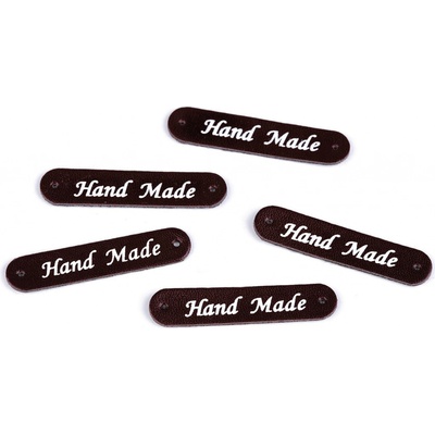 Nášivka / štítek z eko kůže Hand Made 10x48 mm, střední, 9 hnědá tmavá