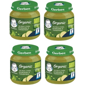 Nestle Моето първо пюре Nestle Gerber Organic - Зелен грах, броколи и тиквички, 4 х 125 g (4х 12458580) - baby