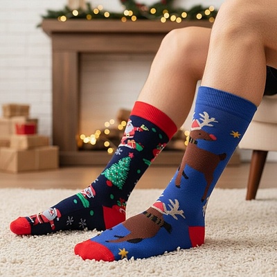 Мъжки коледни чорапи - 2 чифта с Дядо Коледа и еленче