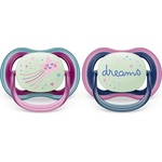  2 бр. светещи в тъмното ортодонтични залъгалки Philips Avent Ultra Air Night 6-18м, розови с декорация Звезда и надпис Dreams, в кутия за стерилизиране и пренасяне