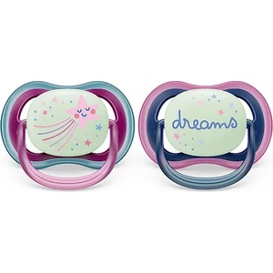  2 бр. светещи в тъмното ортодонтични залъгалки Philips Avent Ultra Air Night 6-18м, розови с декорация Звезда и надпис Dreams, в кутия за стерилизиране и пренасяне
