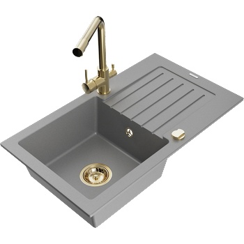 Mexen Pablo гранитна кухненска мивка с 1 корито и отцедник и кухненски смесител Duero, сив - 6510-71-671600-50 (6510-71-671600-50)