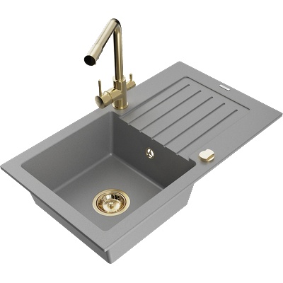 Mexen Pablo гранитна кухненска мивка с 1 корито и отцедник и кухненски смесител Duero, сив - 6510-71-671600-50 (6510-71-671600-50)